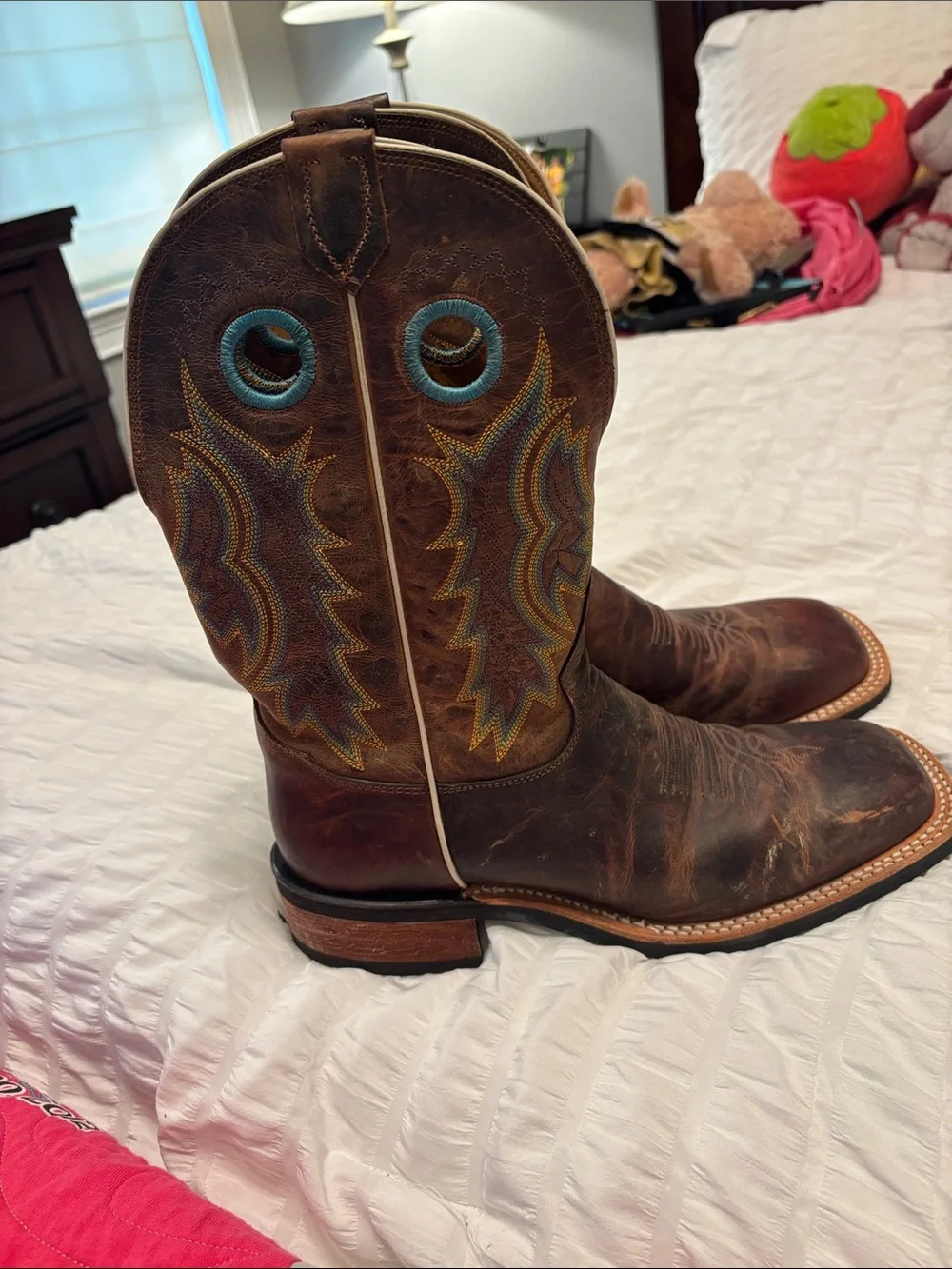 Tony Lama Brown Leather Western Work Boots with Multicolor Stitching